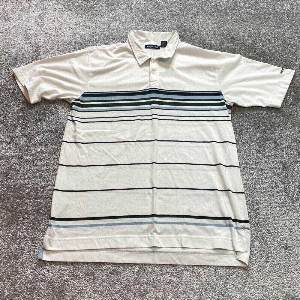 Aeropostale Polo Shirt Mens Large Preppy White Collared Striped Golf Rugby Logo